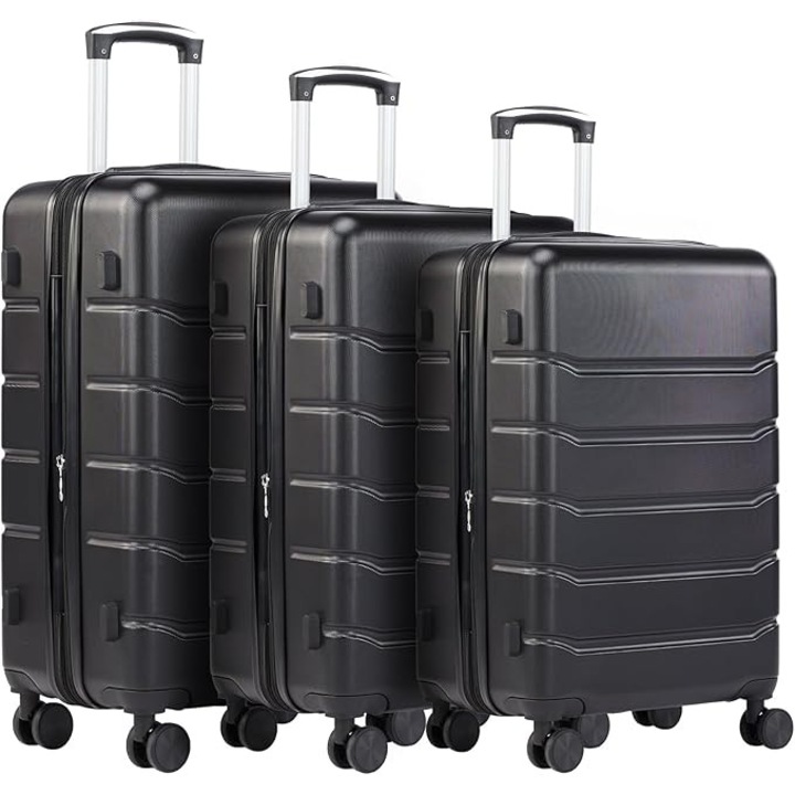 DUMOS Set de bagaje 3 piese, carcasa rigida, troler de baza, set valize de calatorie cu incuietoare, 4 roti, carcasa dura, maner telescopic, negru, Modern-02