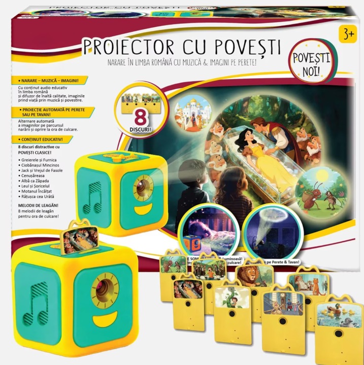 Proiector cu povesti, 8 Povesti Noi, muzica pentru copii, 8 Discuri, in limba Romana, Proiectie pe Perete sau Tavan
