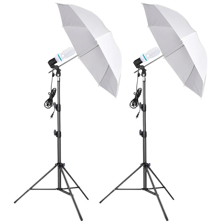 Set iluminare studio foto video cu trepied 200 cm, umbrela foto 87 cm, fasung E27 145w 5500K, echipament profesional pentru content creation si streaming