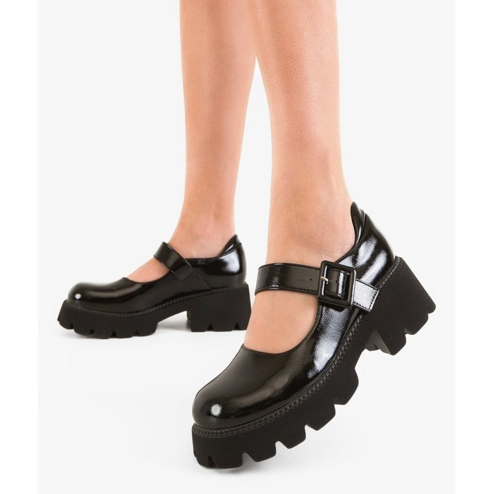 Pantofi Casual dama dEpurtat, piele lacuita, Negru