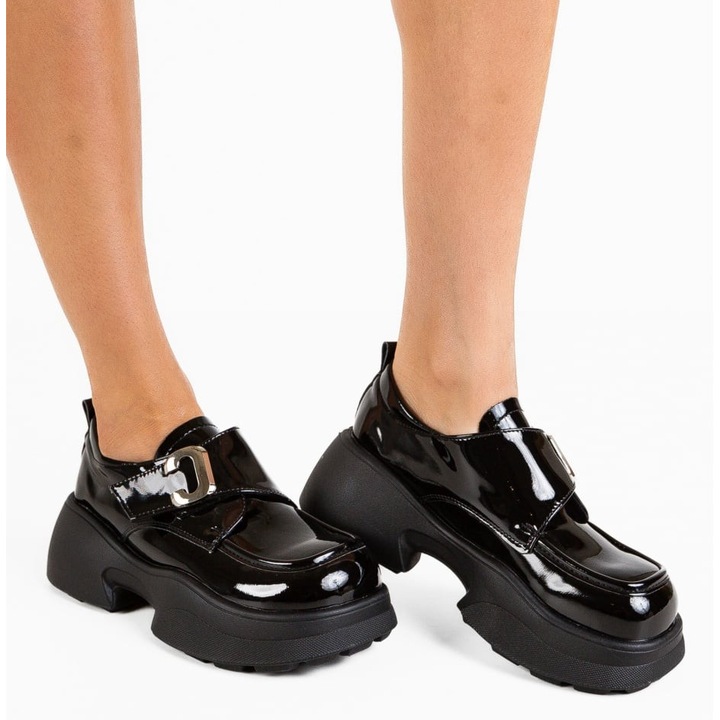 Pantofi casual dEpurtat negri, piele lacuit, Negru