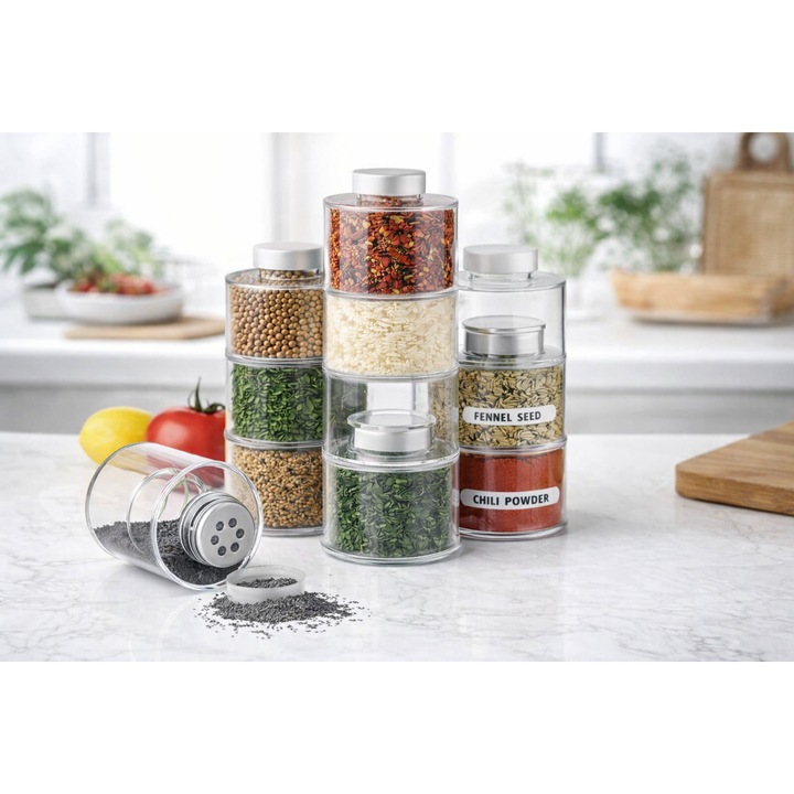 Set 6 borcane condimente modulare, capac plastic, sistem dozator, transparente, suprapozabile