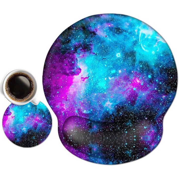 Suport ergonomic pentru mouse, cu gel, anti-alunecare, model galaxie albastra