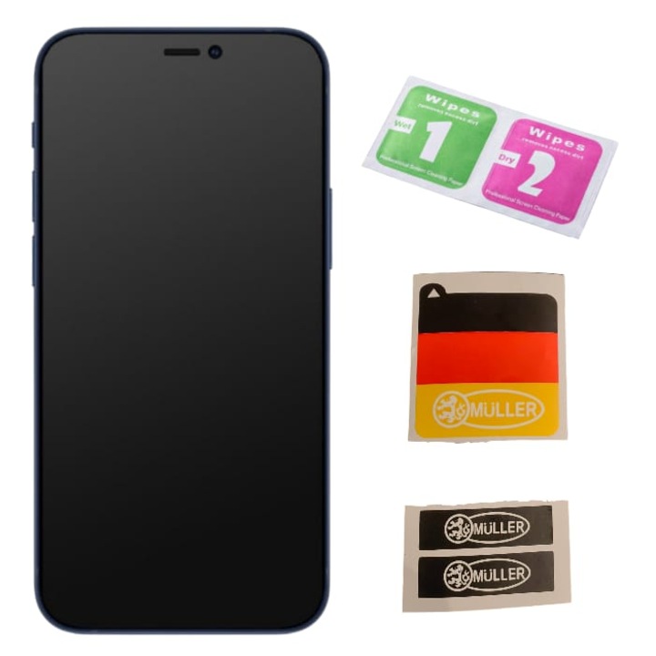 Folie Sticla Mata Müller® compatibila cu iPhone 12 Pro Max, Privacy Matte, Full Cover 3D, Full Glue, Duritate Militara, Ultra HD, Protectie Profesionala Ecran 3D, Anti Zgarieturi, Anti Socuri, Anti Orbire, Sticla Securizata, Negru