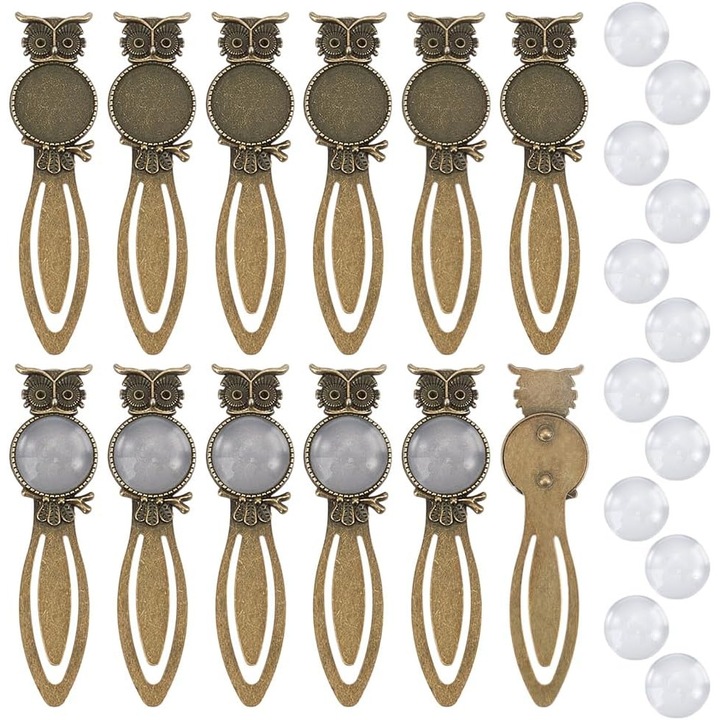 Set 12 Semne de Carte Cabochon Rotunde, Aliaj Bronze, Forma Bufnita, 20 mm
