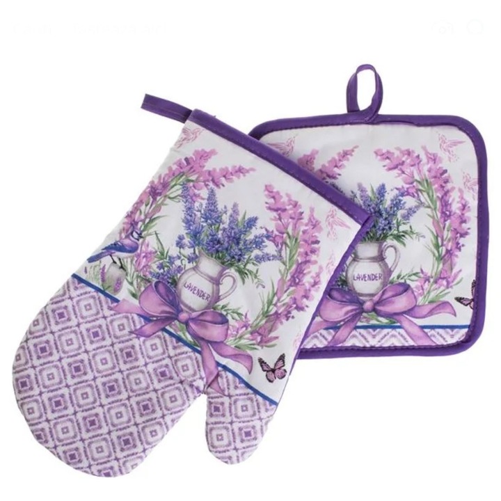 Konyhai Keszlet Kesztyuvel es Torlokendovel, Levendula Minta, Lila