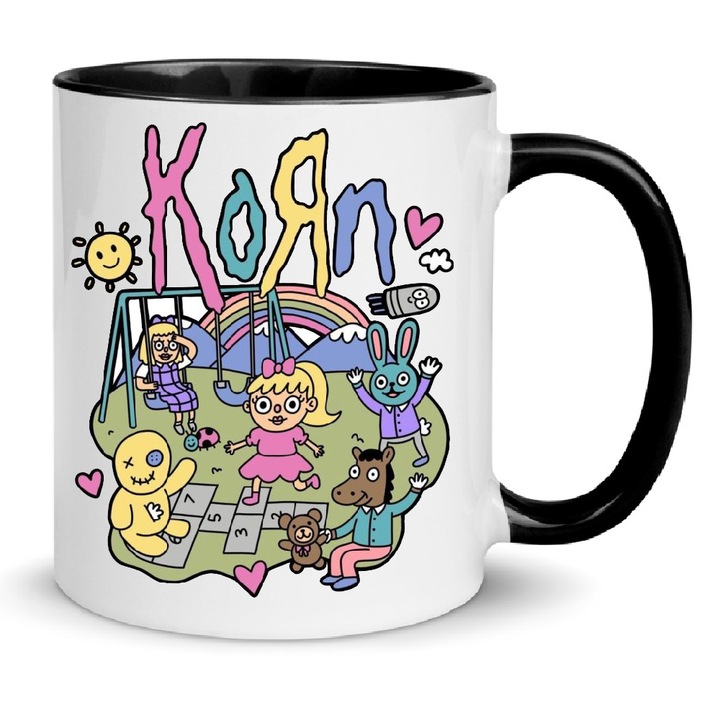 Cana ceramica Korn Music Group No3, 330ml, alb cu negru, rezistenta la masina de spalat vase