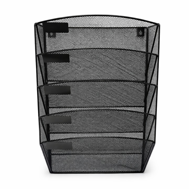 Стойка за стена за вестници, 5 отделения, черна метална мрежа, поставка за списания и брошури А4, органайзер за документи за стенен монтаж