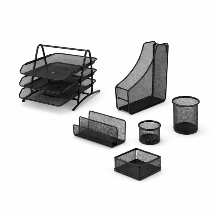Комплект за бюро метална мрежа от 7 части, пълен офис органайзер, тави за документи, поставка за списания, поставка за химикалки, черен