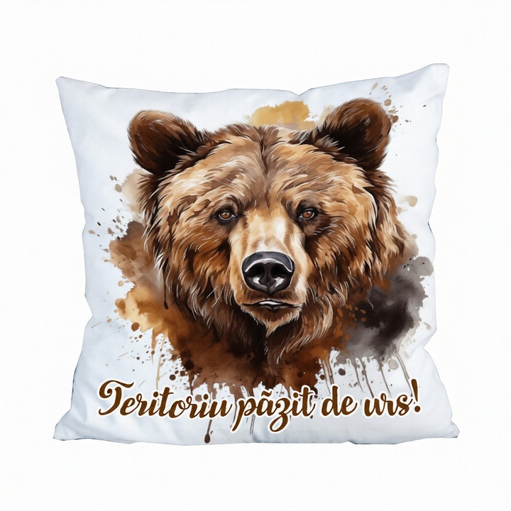 Perna decorativa, 45x45 cm, cu design imprimat Urs Brun „Teritoriu pazit de urs!”- Personalizata