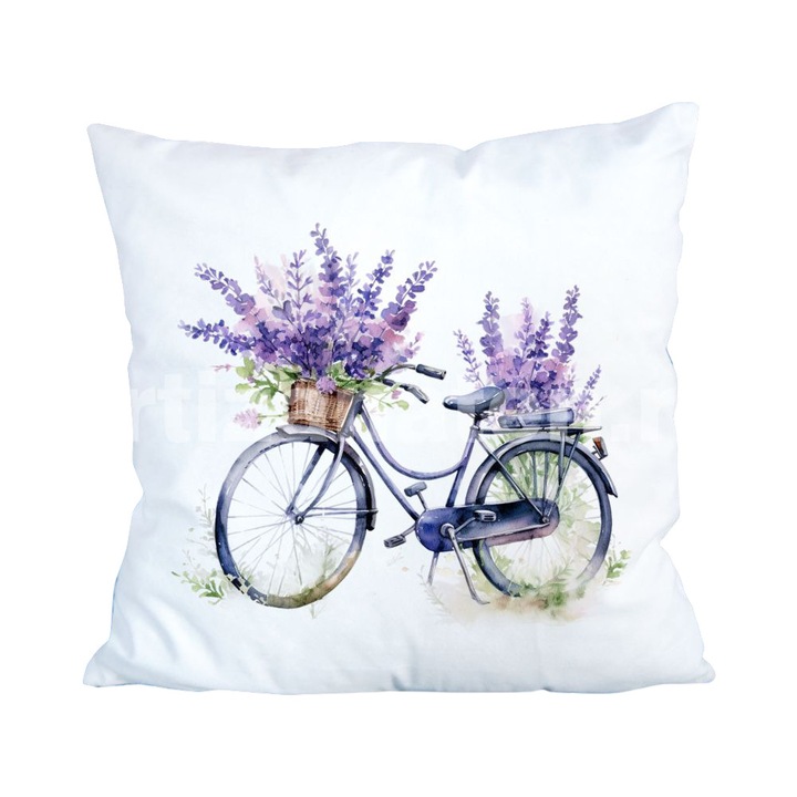 Perna decorativa, 45x45 cm, cu design imprimat Bicicleta si Lavanda - Personalizata