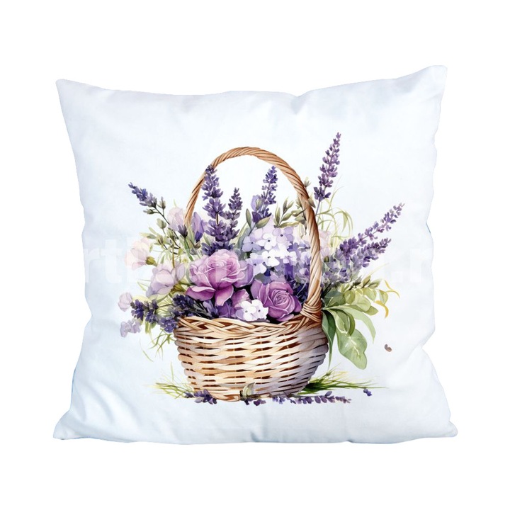 Perna decorativa, 45x45 cm, cu design imprimat cu cos de flori si Lavanda - Personalizata