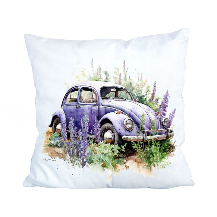 Perna decorativa, 45x45 cm, design imprimat Volkswagen Beetle de epoca si Lavanda - Personalizata