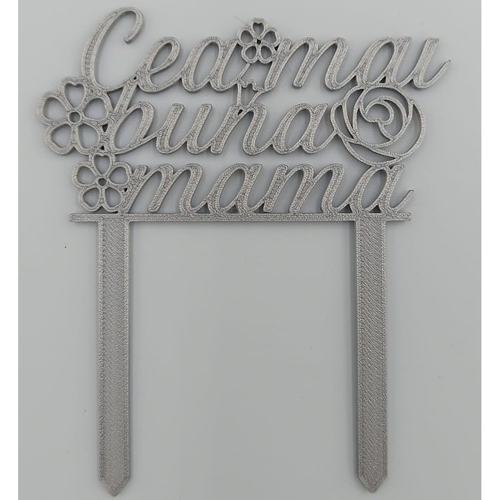 Topper flori "Cea mai buna mama", argintiu, plastic PLA