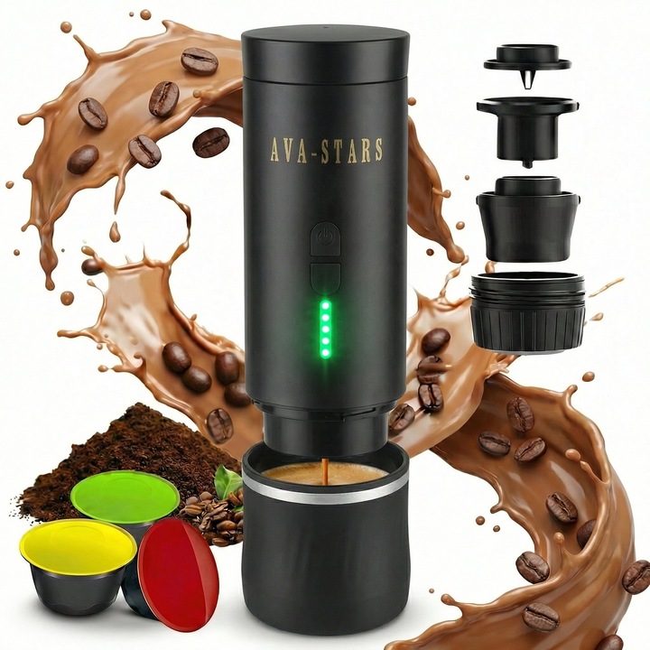 Aparat cafea portabil, espressor cafea macinata, capsule Nespresso, capsule Dolce Gusto, baterie 9600mAh, rezervor 100ml, fierbe apa, pana la 5 cafele pe incarcare, ideal calatorii camping drumetii