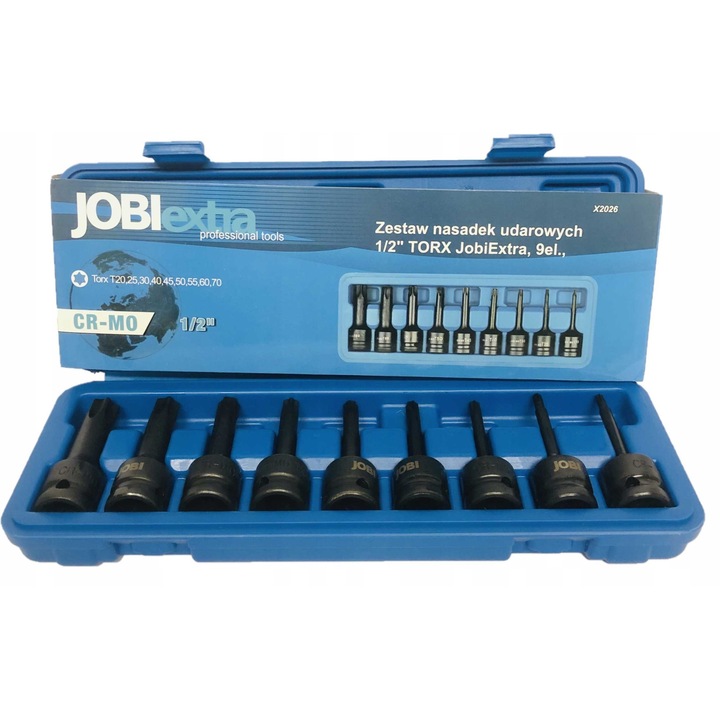 Set chei tubulare Torx 1/2" T20-T70, 9 elemente, JOBIextra, crom-molibden, cutie de transport