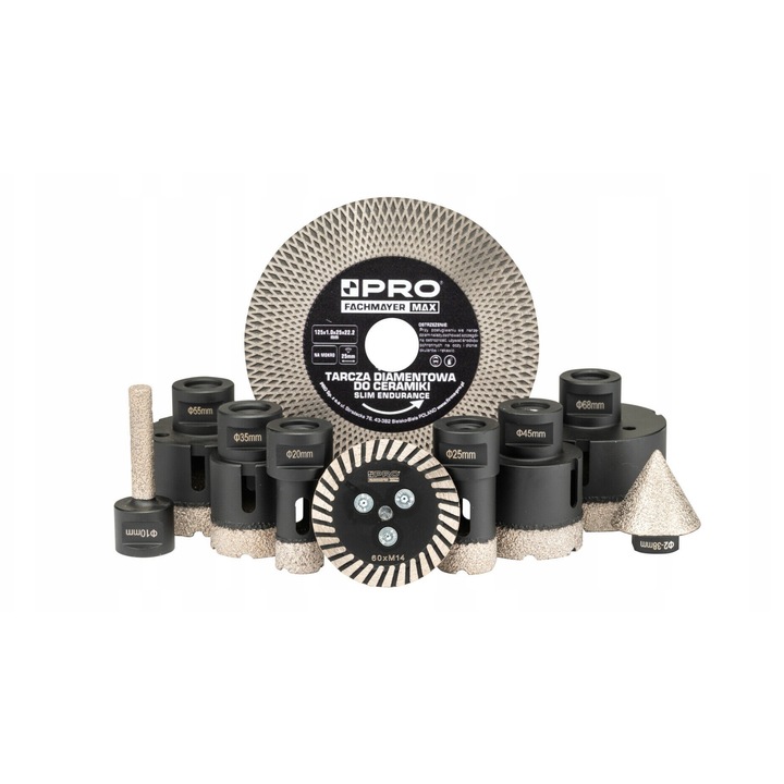 Set carote diamantate Pro, 6 piese, 20-68 mm, burghiu conic 2-35 mm, disc diamantat 125x1.0/1.6x25x22.2 mm