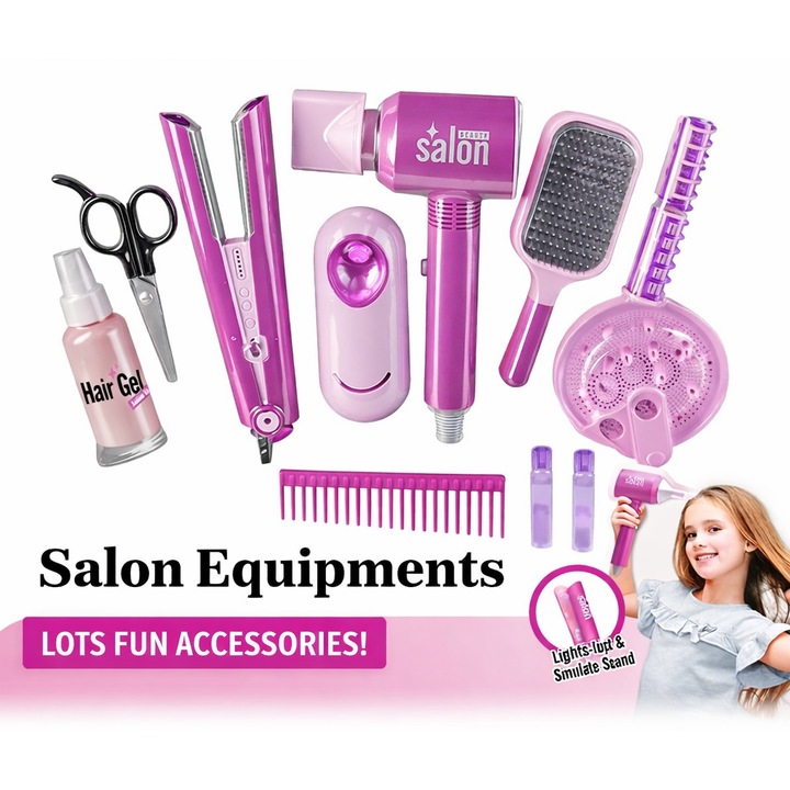 Set coafura copii 16 piese cu uscator si placa de par cu lumini si sunete, accesorii styling, jucarie interactiva rol salon, 3+ ani