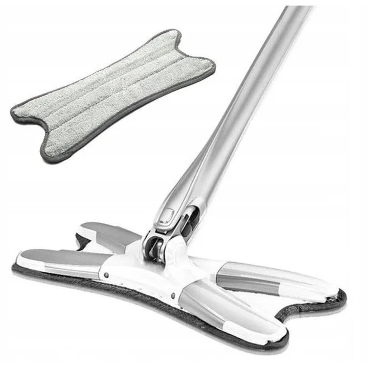 Mop plat cu storcator, cap rotativ 360, maner telescopic 104-122 cm, alb+gri, 34x12 cm