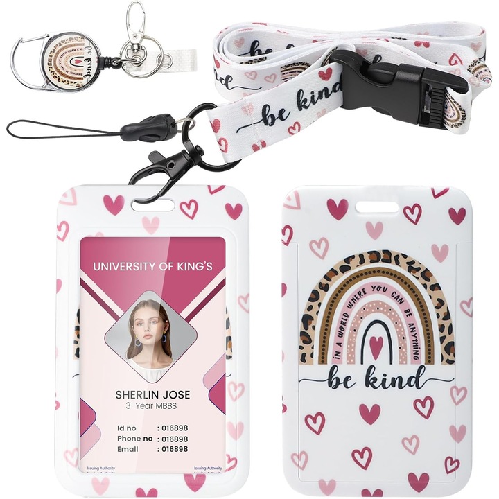 Suport Card ID Retractabil cu Snur Roz, Clip Metalic, Impermeabil