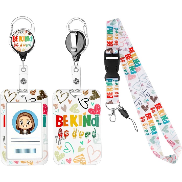 Suport Card Identitate cu Snur, Suport "Be Kind", Carabiniera si Reel Retractabil