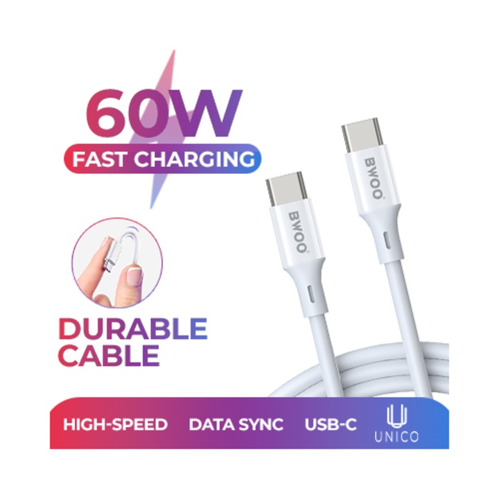 BWOO X279C-L gyorstöltő USB Type-C – Type-C kábel, 60W Power Delivery, 3A, 1m, adatátvitel, laptop, MacBook, Samsung Galaxy, iPhone 15/16, tablet kompatibilis, fehér