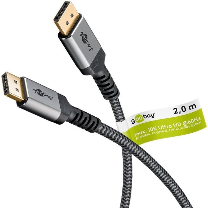Cablu Goobay DisplayPort 2.1, 8K/144Hz, 2m, metal, 54 Gbit/s