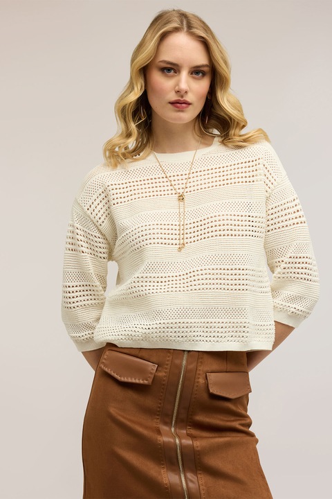 Motivi, Pulover cu perforatii si decolteu rotund, Alb murdar