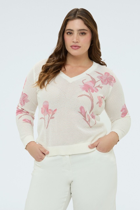 Fiorella Rubino, Pulover cu decolteu in V si model floral, Alb/Roz deschis