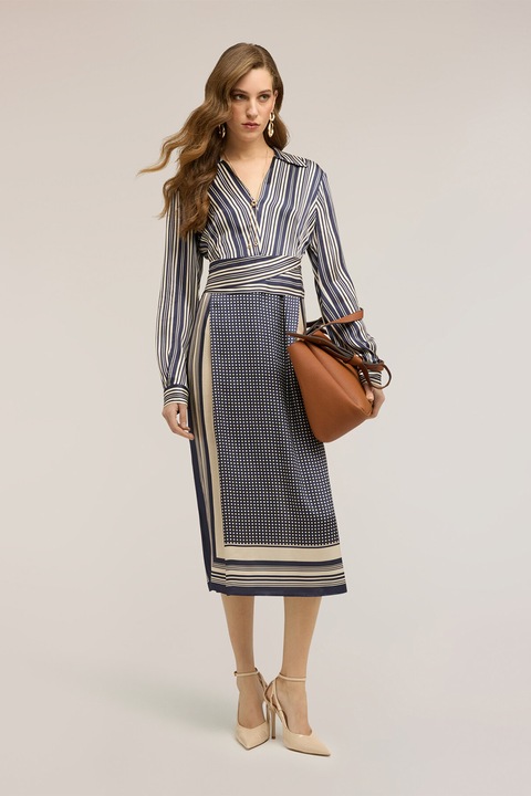 Motivi, Rochie dreapta cu model, Albastru indigo, Bej deschis, 32