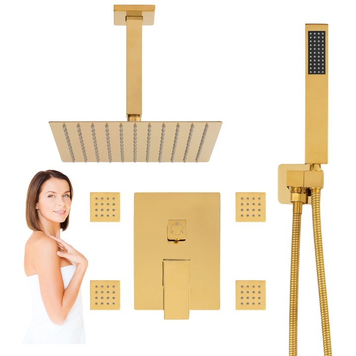 Set de duș încastrat CUBO S-1210G, 3 funcții, auriu, 25x25 cm