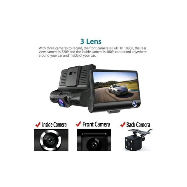 Cameră auto DVR ART, sistem 3 camere, Full HD 1080P, ecran 4 inch, interioară 640x480, 12V