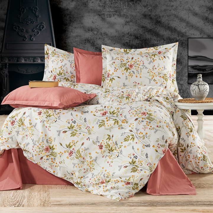 Ranforce pamut ágynemű 4 részes, lepedő 240x260 cm, paplan 200x230 cm, 2 párnahuzat 50x70 cm, krém / narancs, Pucioasa RNFN252