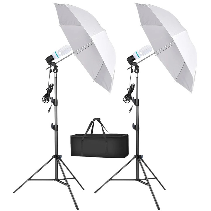Kit studio iluminare foto video cu trepied 200 cm, umbrela 87 cm, bec E27 150W 5500K si geanta transport, echipament profesional pentru streaming