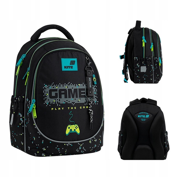 Ghiozdan ortopedic pentru baieti 6-12 ani, clasa 1-6, model Game, negru, Kite