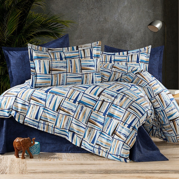 Lenjerie pat Bumbac Ranforce 4 piese cearsaf pat 240x260 cm, pilota 200x220 cm, 2 fete perne 50x70 cm, Albastru, Pucioasa