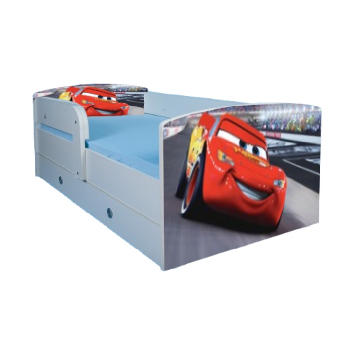 Pat pentru copii, cu protectie si sertar, multicolor, 160x80 cm