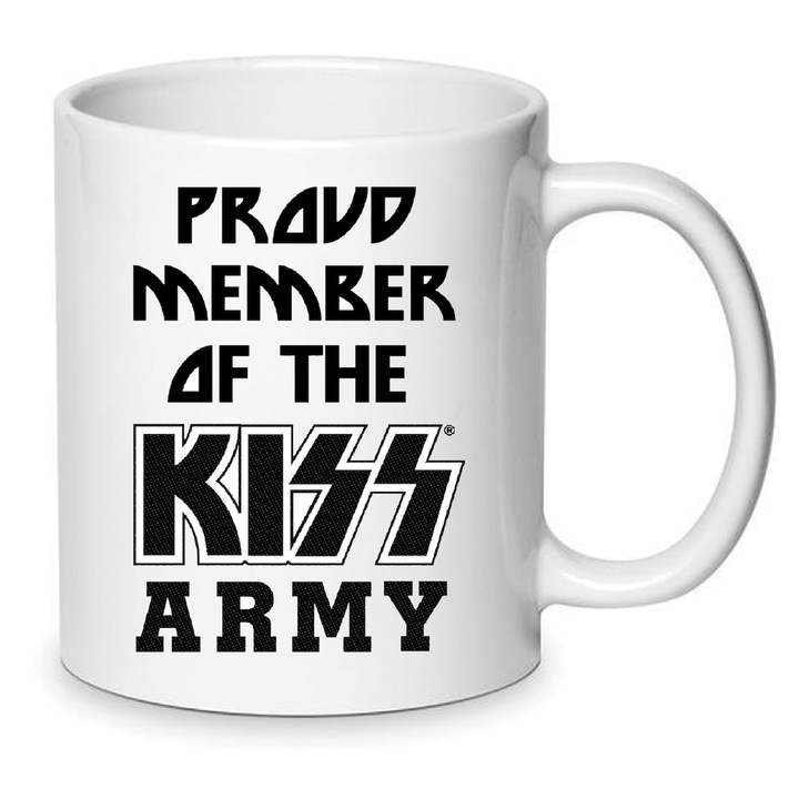 Cana KISS Music Group Nr. 3 – Ceramica 330ml, Alb, „Membru al KISS”, Sigura pentru masina de spalat vase