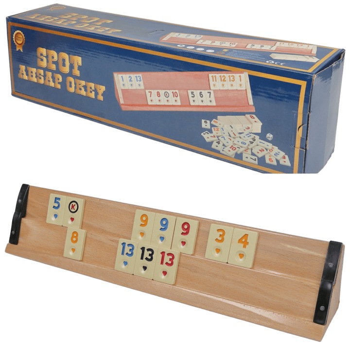 Joc de societate Remi / Rummy Clasic - Set complet cu 4 table din Lemn de Fag si 106 piese Melamina - Dimensiune Mare