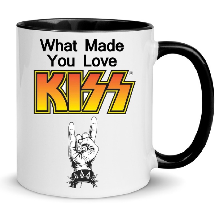 Cana ceramica KISS Music Group No5, 330ml, alb cu negru, text "What Made You Love", rezistenta la masina de spalat vase