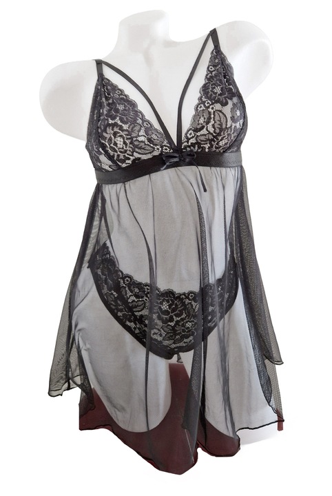 Babydoll szett, bugyi, női, fekete csipke, PARIS, BLD by Exclusive, Fekete