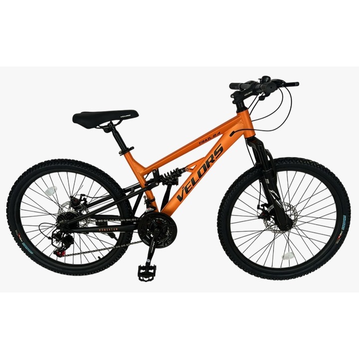 Bicicleta MTB de munte Velors Trail JSX24271, schimbator Shimano, suspensie fata/spate Genius, roata 24 inch, franare pe disc, 21 viteze, portocaliu/alb