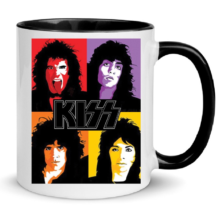 Cana KISS Music Group, ceramica, 330ml, alb cu negru, rezistenta la masina de spalat vase