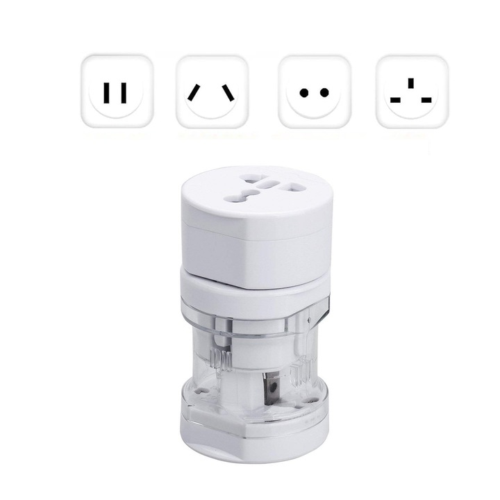 Adaptor Universal Priza pentru Calatorii Internationale, Converter Multifunctional EU/UK/US/AU, Design Compact Rotativ, Alb inchis, HAPPY JOKER®
