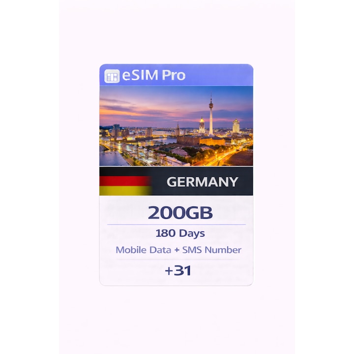 NextSIM eSIM Pro Germania, 200 GB Date Mobile + Numar SMS (+31), 180 Zile, Telekom / Vodafone / O2 (Telefónica) 3G/4G/5G, Activare Instanta