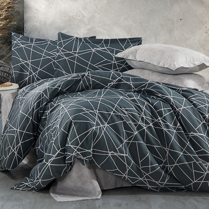 Ágynemű Ranforce pamut 4 részes, lepedő 240x260 cm, paplan 200x220 cm, 2 párnahuzat 50x70 cm, Antracitszürke, Pucioasa