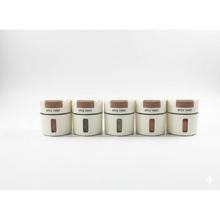 Dozator Condimente cu 5 Recipiente, Montare pe Perete, Sistem cu Apasare, Alb Transparent – Organizator Bucatarie Economisire Spatiu