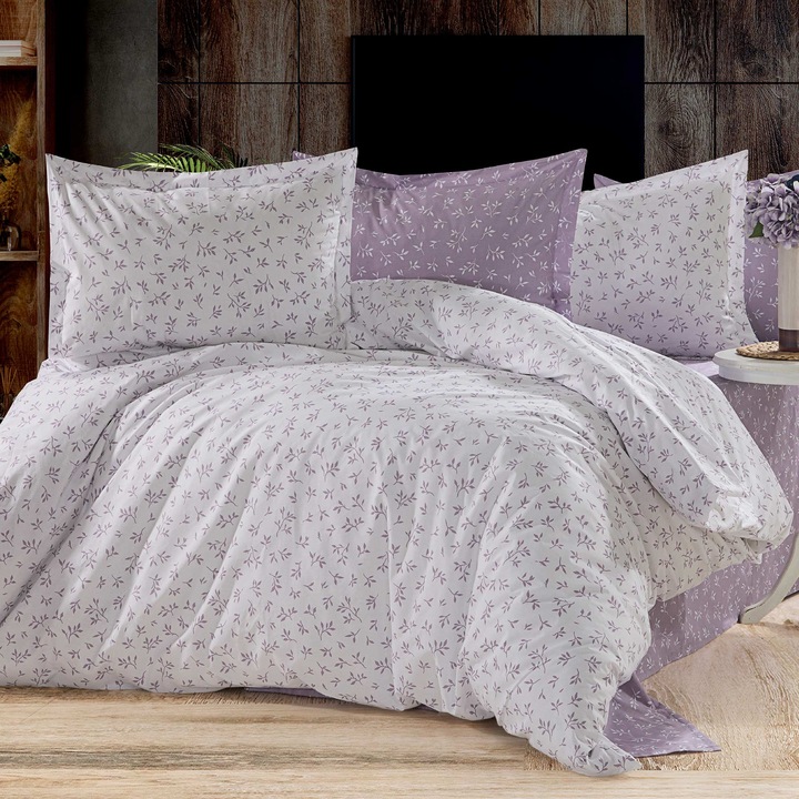 Ranforce Cotton Pro 100% pamut ágynemű, King Size huzattal, 4 részes Eleganta fehér/lila RCP32, Ralex Pucioasa