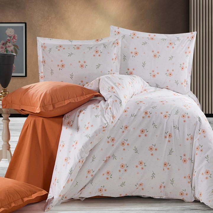 Ranforce Cotton Pro 100% pamut ágynemű, King Size, 4 részes, Fehér/Narancssárga virágok RCP30