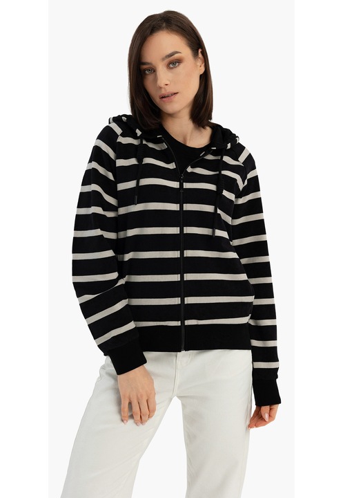 Hanorac cu gluga din bumbac dama, cu fermoar, cu dungi, buzunare, Volcano B-Kira, negru/bej, Negru/Bej